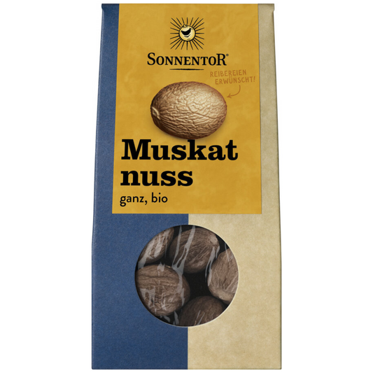 Sonnentor Muskatnuss ganz Bio – ganze Muskatnüsse in nachhaltiger Verpackung mit Sichtfenster