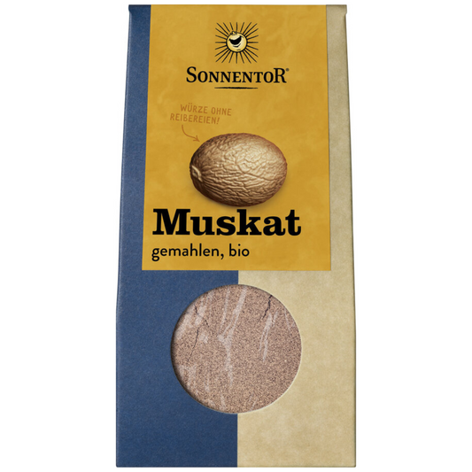 Sonnentor Muskat gemahlen Bio – fein gemahlenes Muskatgewürz in nachhaltiger Verpackung mit Sichtfenster