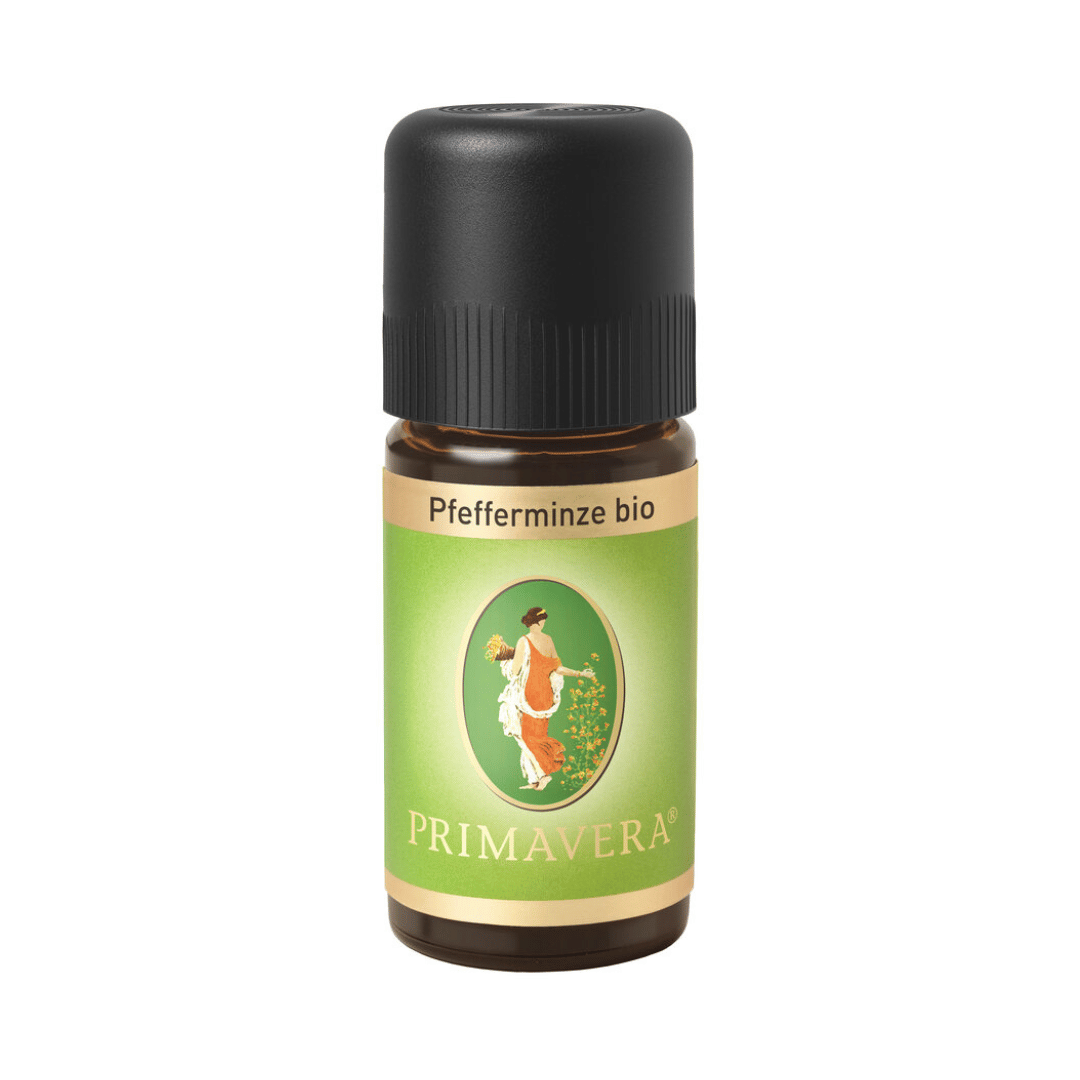 PRIMAVERA Pfefferminze bio ätherisches Öl 10 ml – Produktbild auf weißem Hintergrund, Naturkosmetik und Aromatherapie.