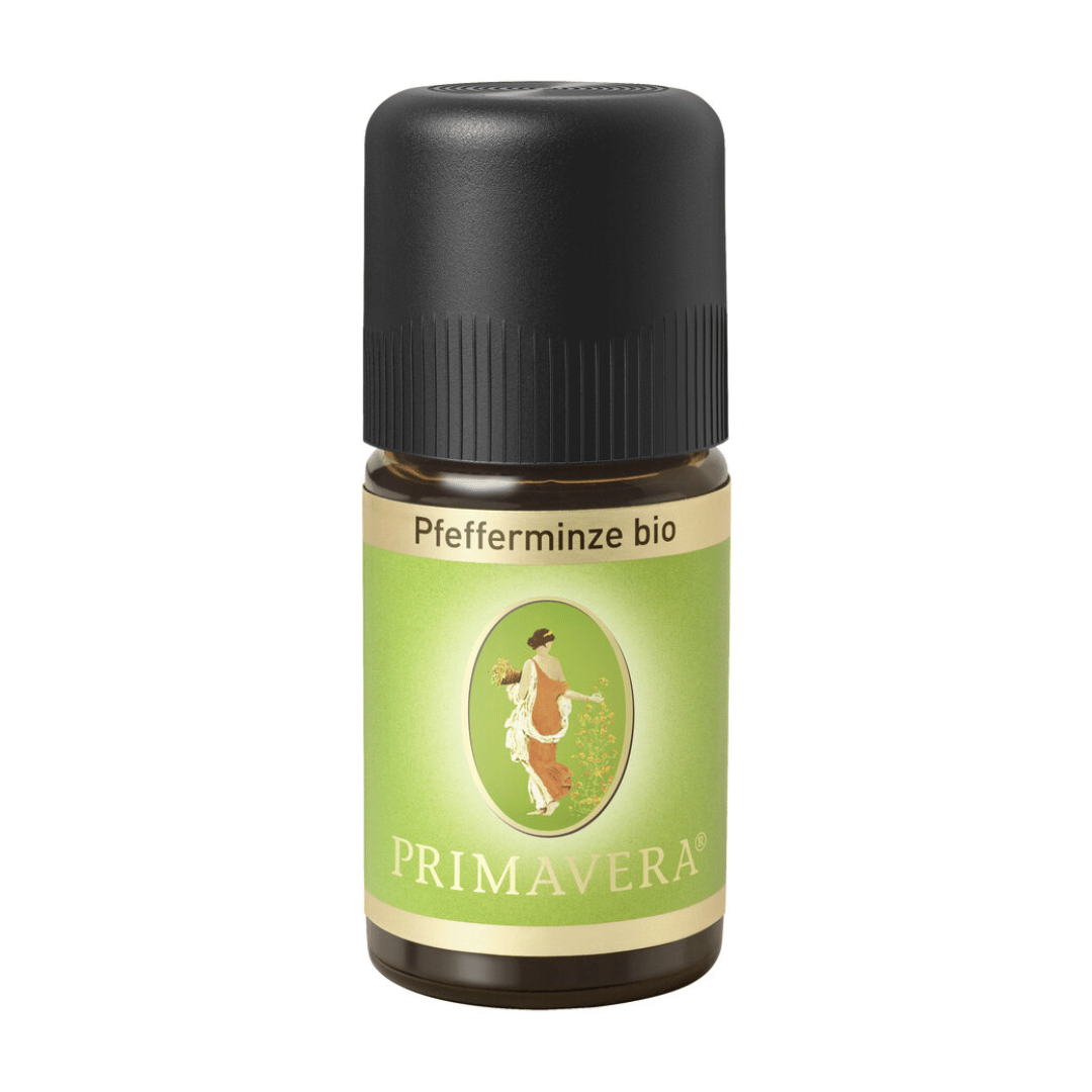 PRIMAVERA Pfefferminze bio ätherisches Öl 5 ml – klares Freistellerbild mit Fokus auf naturreines Pfefferminzöl