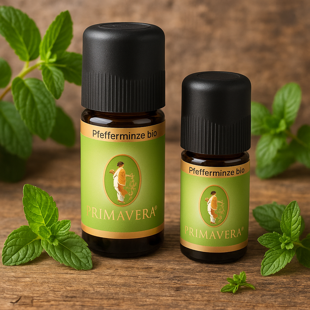 Zwei Flaschen PRIMAVERA Pfefferminze bio ätherisches Öl (5 ml und 10 ml) auf Holztisch mit frischer Minze – stimmungsvolles Naturproduktfoto für Aromatherapie und Naturkosmetik.