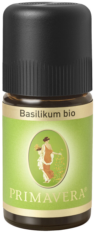 Primavera Basilikum bio ätherisches Öl, 5 ml Fläschchen mit schwarzem Verschluss, grünes Etikett mit beigem Rand und Primavera-Logo