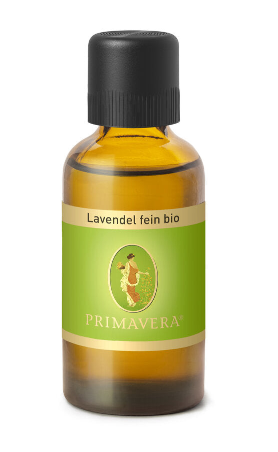 Primavera Lavendel fein bio ätherisches Öl in der großen 50 ml Flasche mit grünem Etikett, goldener Zierlinie und schwarzem Deckel, freigestelltes Produktbild.