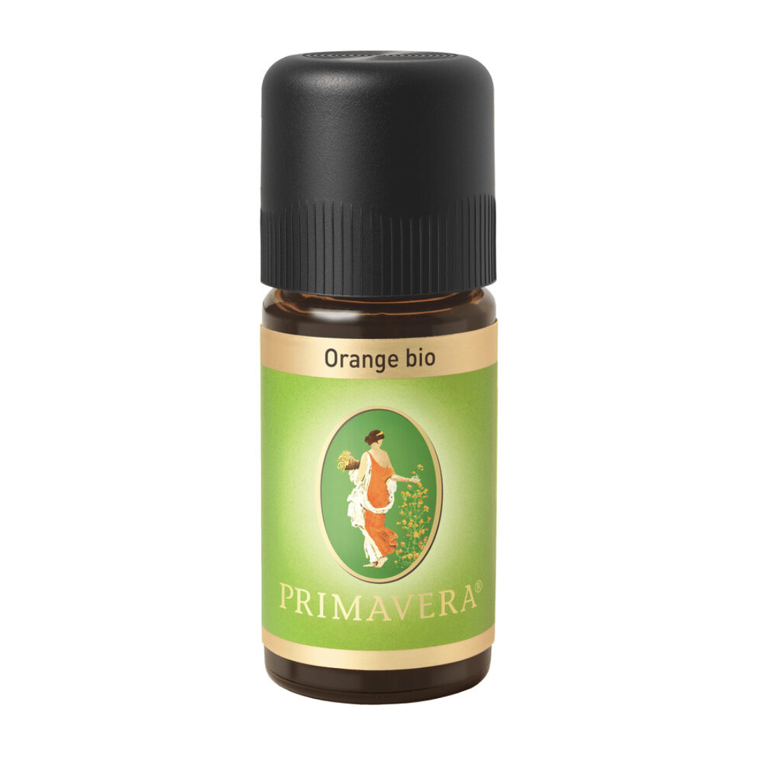 Primavera Orange bio ätherisches Öl in der 10 ml Braunglasflasche mit gold-grünem Etikett, Produktabbildung mit schwarzem Schraubverschluss.