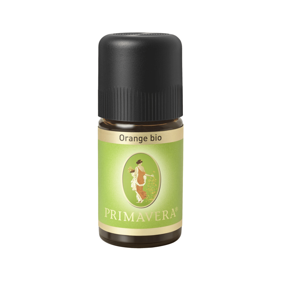 Primavera Orange bio ätherisches Öl in der kleinen 5 ml Flasche mit grünem Etikett und schwarzem kindersicherem Verschluss, freigestelltes Produktbild.