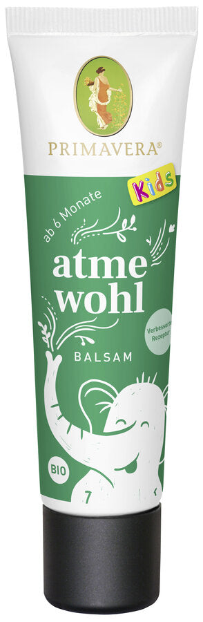 Primavera Atme Wohl Balsam für Kinder ab 6 Monaten, Bio, 30 ml Tube mit grünem Design und Kinder-Elefantenmotiv, verbessertem Rezept, für freie Atmung.