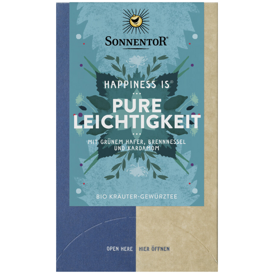Sonnentor Happiness is Pure Leichtigkeit Bio Kräuter-Gewürztee mit grünem Hafer, Brennnessel und Kardamom in türkisfarbener Verpackung