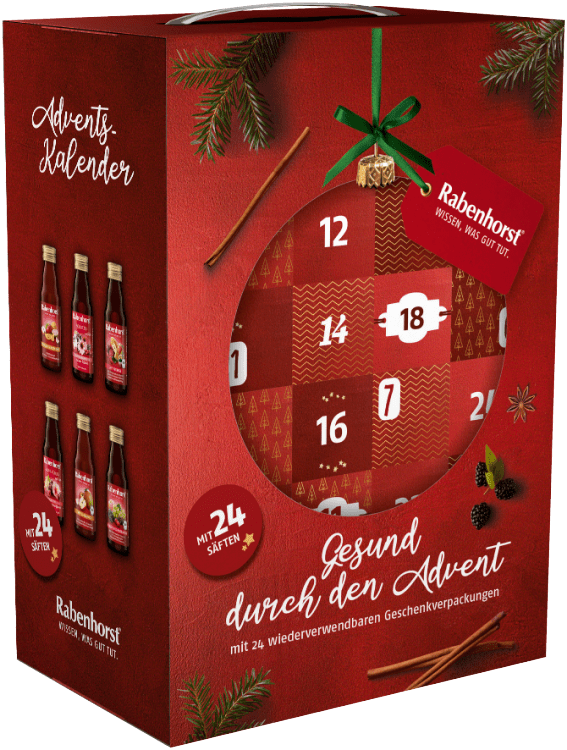 Rabenhorst Adventskalender 2025 mit 24 Mini-Säften – Frontansicht der Geschenkverpackung ohne Banderole