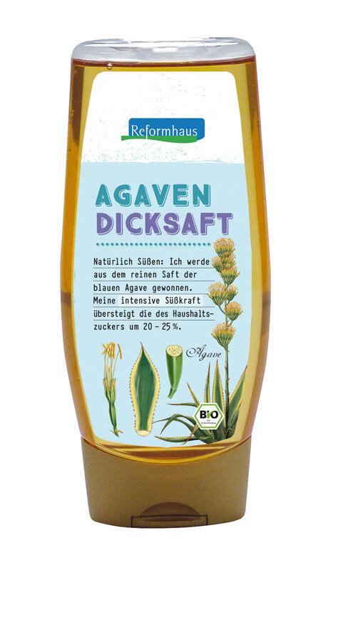 Eine 500-ml-Quetschflasche Reformhaus Agavendicksaft mit goldfarbenem Klappdeckel. Das Etikett zeigt das Reformhaus-Logo, die Bezeichnung „Agavendicksaft“ und eine Beschreibung zur Süßkraft des Produkts. Zudem sind botanische Illustrationen der Agavenpflanze abgebildet. Das Produkt ist als „Bio“ gekennzeichnet und wird aus dem reinen Saft der blauen Agave gewonnen.