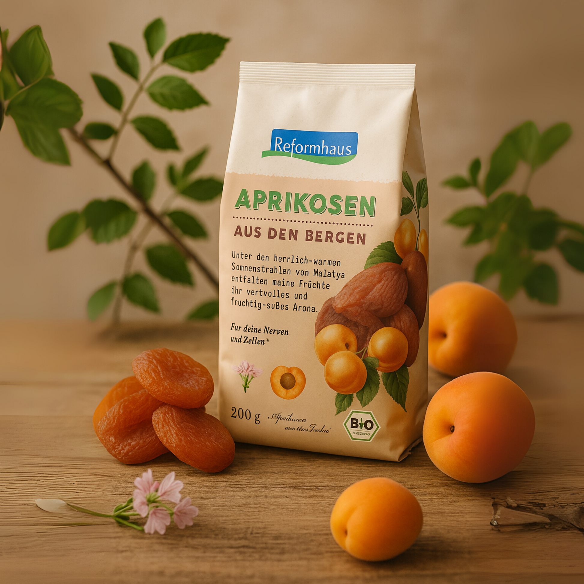 Reformhaus Bio-Aprikosen 200 g im Mood-Setting mit frischen und getrockneten Aprikosen auf Holztisch – sonnengetrocknet, aromatisch, aus Malatya in der Türkei.