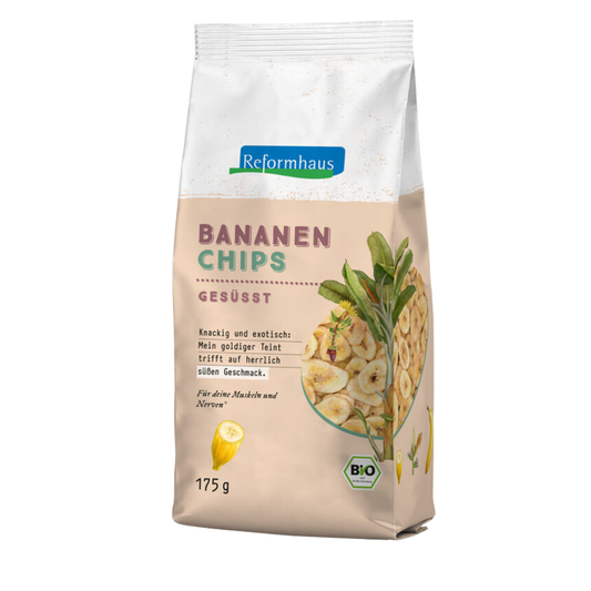 Frontansicht der Verpackung der Reformhaus Bananen Chips gesüßt – 175 g, aus kontrolliert biologischer Erzeugung, verfeinert mit Honig