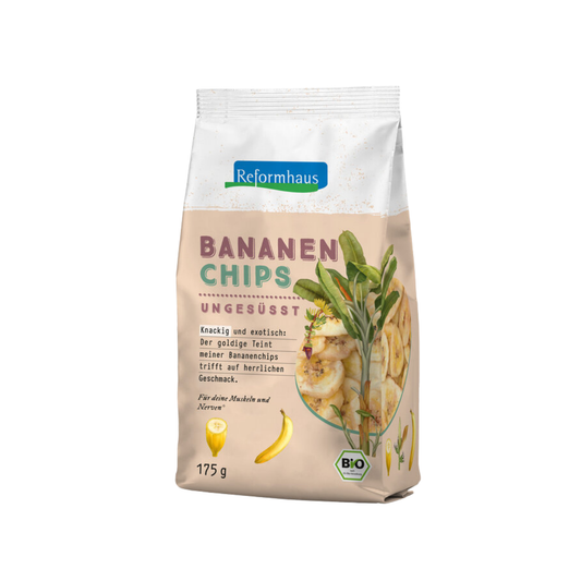 Reformhaus Bananen Chips ungesüßt Bio 175 g – freigestelltes Produktbild der Knabberei im Papierbeutel