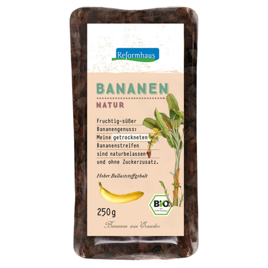 Reformhaus Bio-Bananen Natur 250 g – getrocknete Bananenstreifen ohne Zuckerzusatz, naturbelassen, ballaststoffreich, aus Ecuador, vegan und kontrolliert biologisch.