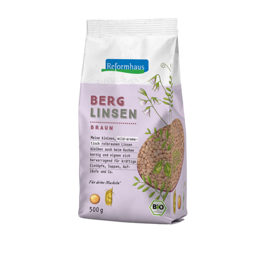 Reformhaus Berglinsen Braun Bio 500 g – freigestelltes Produktbild der proteinreichen Hülsenfrüchte im Papierbeutel