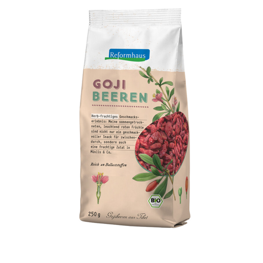 Reformhaus Bio Goji Beeren 250 g – sonnengetrocknete, leuchtend rote Beeren aus Tibet, ballaststoffreich und ideal für Müslis oder als Snack