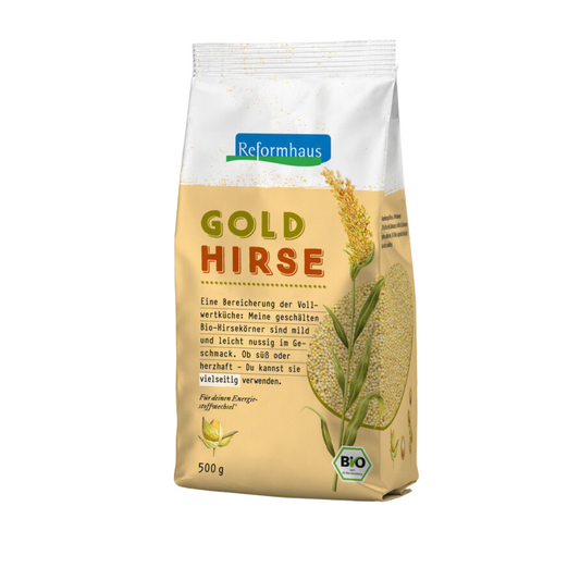 Reformhaus Bio-Goldhirse geschält – 500 g Packung mit Hirseähre und Produktbeschreibung auf der Vorderseite