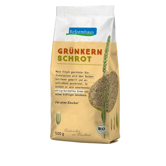 Reformhaus Bio Grünkernschrot – 500 g Packung mit Grünkernabbildung, Ähre und Beschreibung des Dinkelprodukts