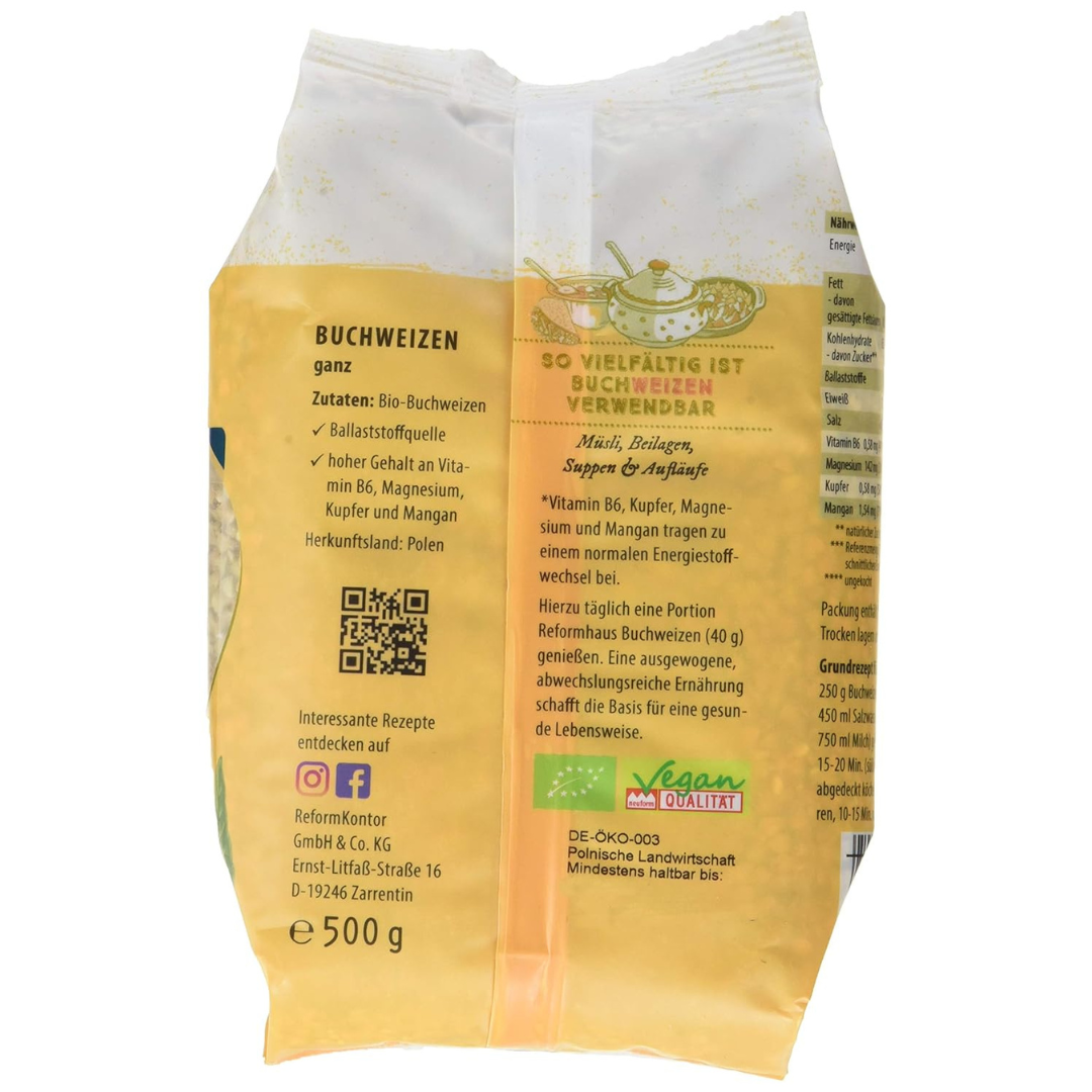 Seitenansicht Reformhaus Buchweizen 500 g – ballaststoffreiche Bio-Körner, vielseitig einsetzbar für Müslis, Beilagen und Suppen