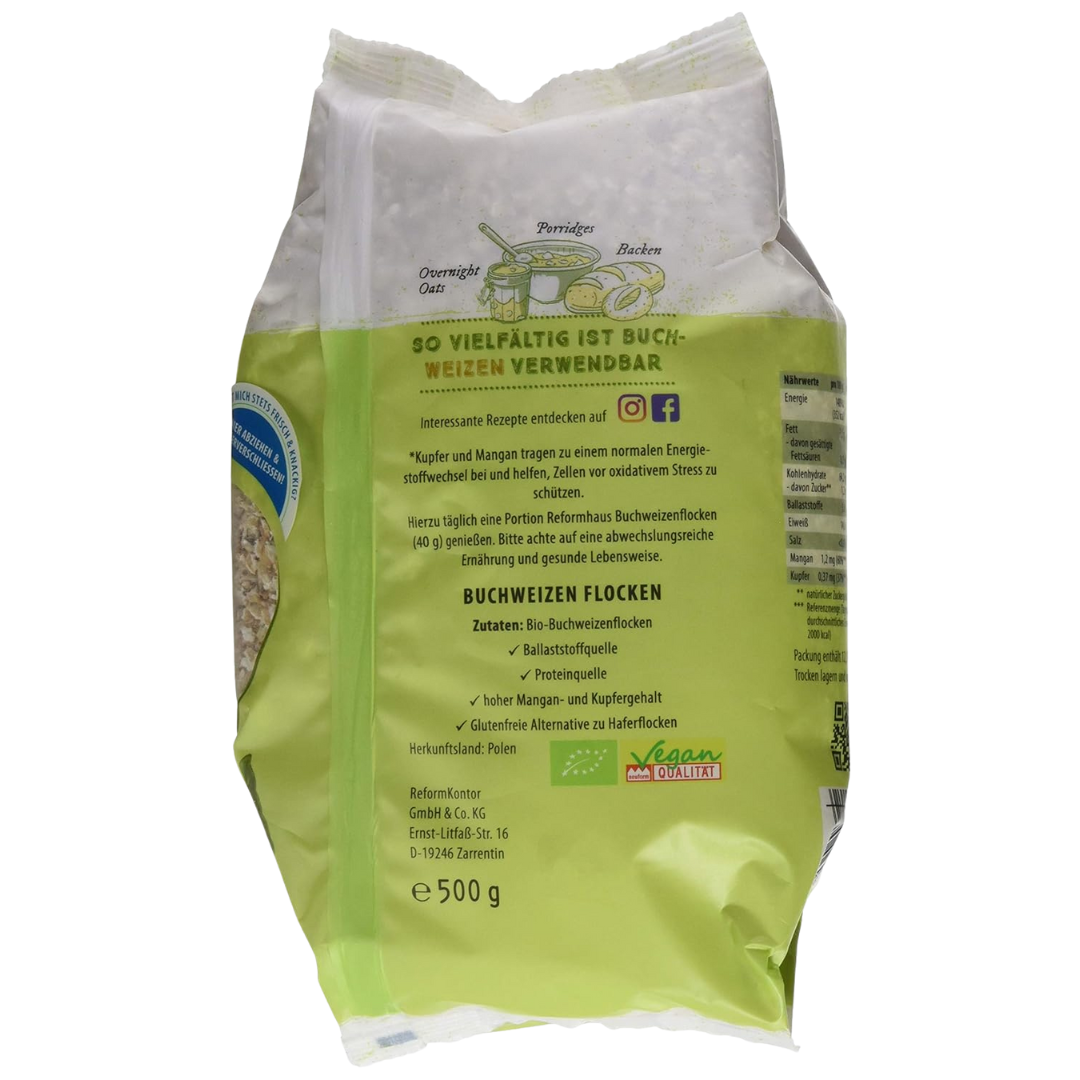 Rückseite Reformhaus Buchweizenflocken Bio 500 g – Infos zu Zutaten, Nährwerten und vielseitiger Verwendung z. B. für Porridge oder Backen