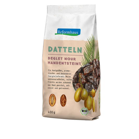 Reformhaus Datteln Deglet Nour Bio 400 g – handentsteinte, sonnenverwöhnte Datteln aus kontrolliert biologischem Anbau mit honigsüßem Aroma in nachhaltiger Verpackung