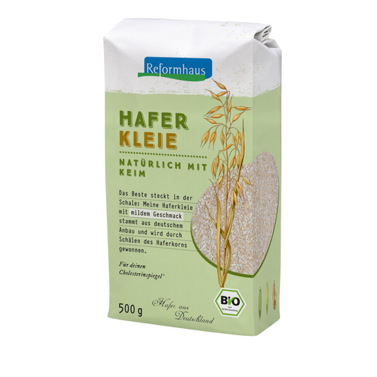 Reformhaus Haferkleie Bio – 500 g Packung mit Haferähre, Herzsymbol und Aufschrift natürlich mit Keim.