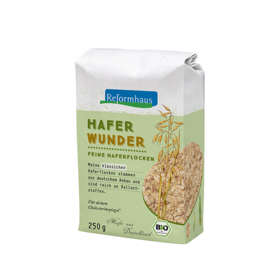 Reformhaus Haferwunder – feine Bio-Haferflocken 250 g Packung mit Hafermotiv und Ballaststoffhinweis