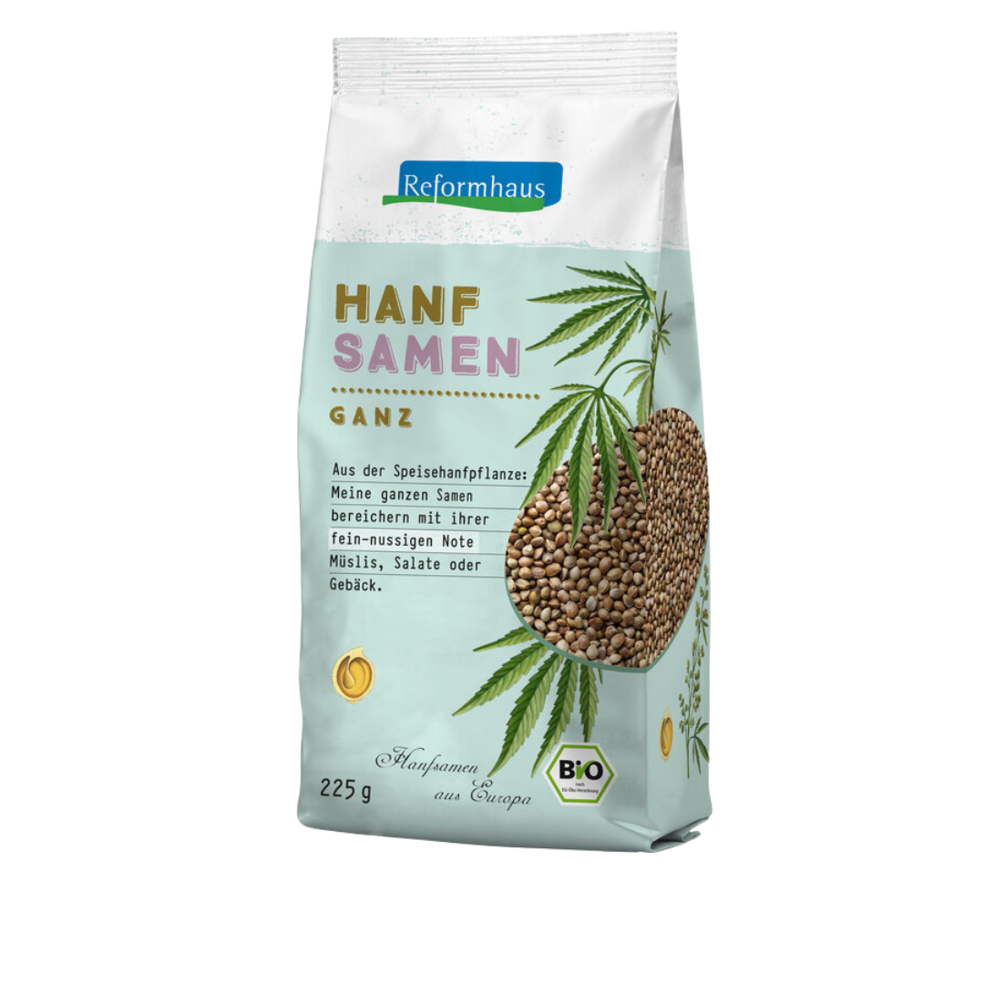Reformhaus Bio Hanfsamen ganz – 225 g Packung mit Hanfblatt und herzförmiger Darstellung der Samen, ideal für Müsli und Salate