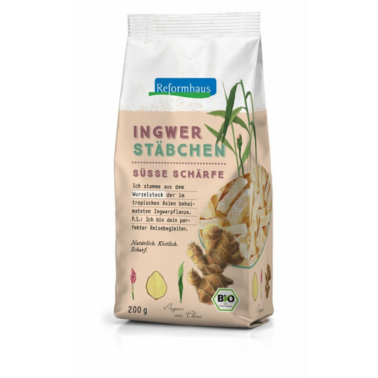 Reformhaus Ingwer Stäbchen – gezuckerter Bio-Ingwer in Stäbchenform, 200 g Beutel mit Illustration der Ingwerwurzel und Bio-Siegel