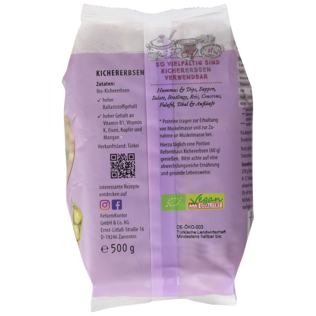 Rückseite der Reformhaus Kichererbsen Bio 500 g mit Zutaten, Herkunftsinformation und Nährwertangaben.