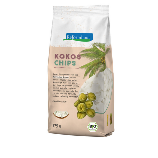 Frontansicht der Reformhaus Kokos Chips in Bio-Qualität, 175 g Packung mit tropischem Design und Illustration von Kokosnüssen.