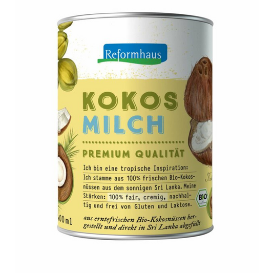 Frontansicht der Reformhaus Kokosmilch Bio Premium Qualität 400 ml – cremige Kokosmilch aus Sri Lanka, glutenfrei, laktosefrei und nachhaltig.