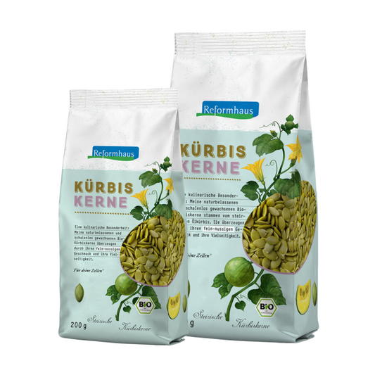 Reformhaus Kürbiskerne Bio – Packungen mit 200 g und 500 g, ideal für gesunde Ernährung, Salate, Müsli oder Backrezepte.