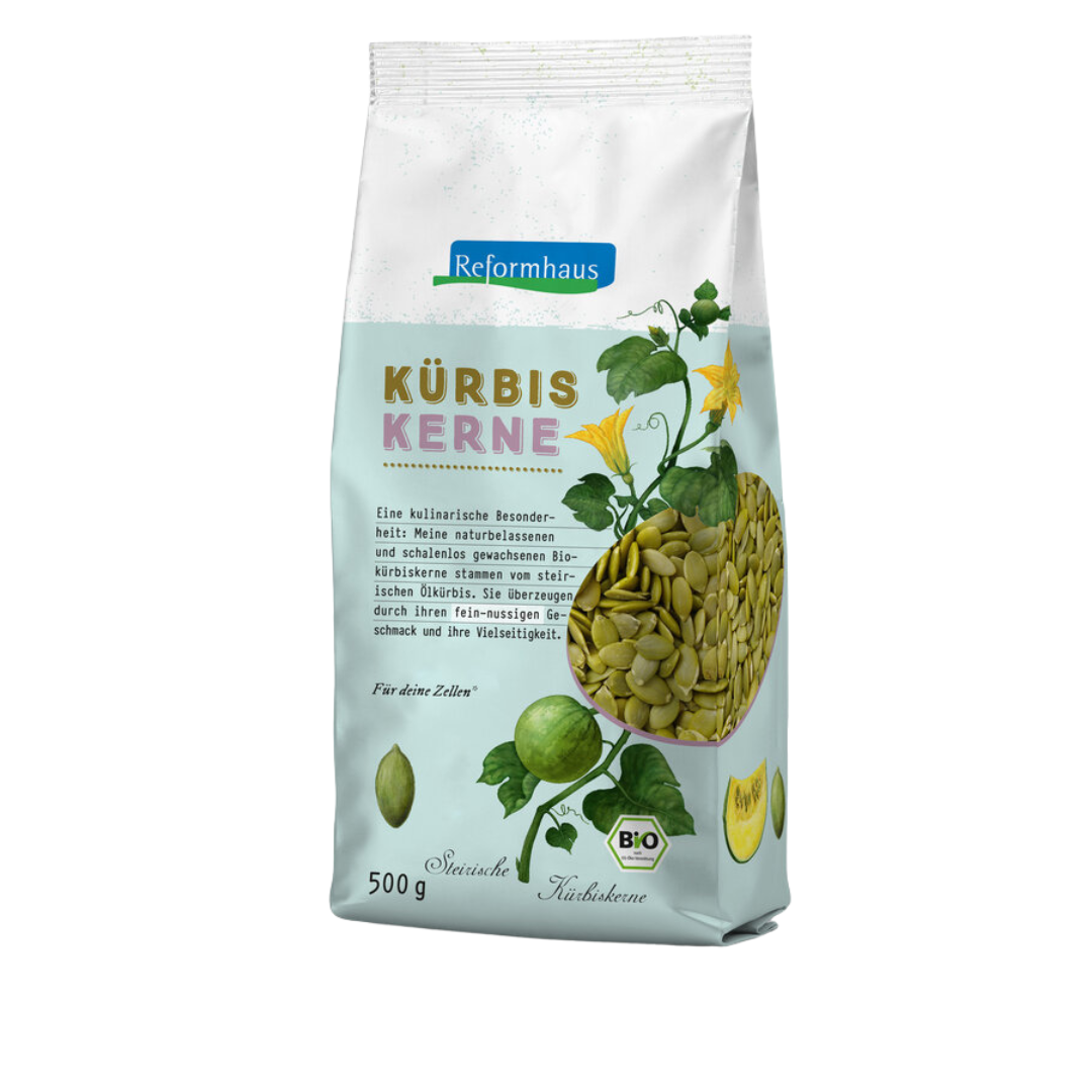 Reformhaus Bio Kürbiskerne 500 g – große Vorratspackung mit schalenlosen steirischen Kürbiskernen, reich an Nährstoffen und vielseitig verwendbar.