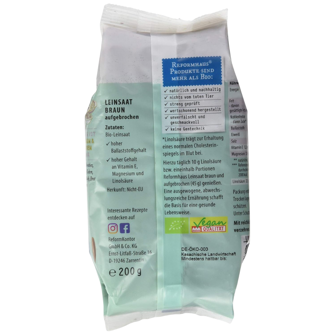 Zutatenliste und Herkunft der Reformhaus Leinsaat braun & aufgebrochen 200 g – ballaststoffreich, mit Vitamin E, Magnesium und Linolsäure aus Nicht-EU-Landwirtschaft.