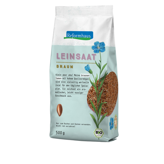 Frontansicht der Reformhaus Leinsaat braun 500 g – naturbelassene Bio-Leinsamen mit hohem Quellvermögen und leicht nussigem Geschmack, ideal zum Kochen und Backen.