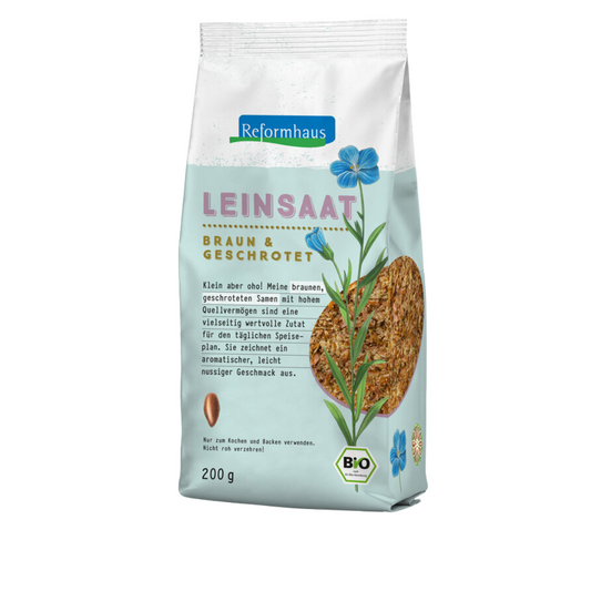 Frontansicht der Reformhaus Leinsaat braun & geschrotet 200 g – Bio-Leinsamen mit hohem Quellvermögen, ideal zum Backen und Kochen, aromatisch-nussiger Geschmack.
