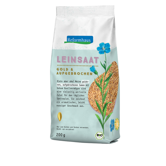 Frontansicht der Reformhaus Leinsaat Gold & Aufgebrochen 200 g – aufgebrochene goldene Bio-Leinsamen mit hohem Quellvermögen und leicht nussigem Geschmack zum Kochen und Backen.