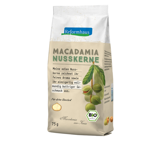 Frontansicht der Reformhaus Macadamia Nusskerne Bio 75 g – aromatische Nusskerne aus Kenia mit vollmundig-buttrigem Geschmack, reich an Mangan.