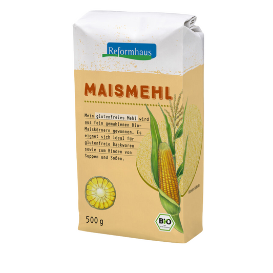 Frontansicht des Reformhaus Maismehls Bio 500 g – fein gemahlenes, glutenfreies Mehl aus Bio-Maiskörnern, ideal für Backwaren, Suppen und Soßen.
