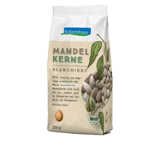 Frontansicht der Reformhaus Mandelkerne blanchiert Bio 200 g – aromatisch-süße, geschälte Mandeln in Bio-Qualität, ideal für feine Desserts und Süßspeisen.