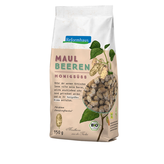 Frontansicht der Reformhaus Maulbeeren honigsüß Bio 150 g – getrocknete weiße Maulbeeren aus der Türkei mit natürlichem, süßem Aroma in Bio-Qualität.