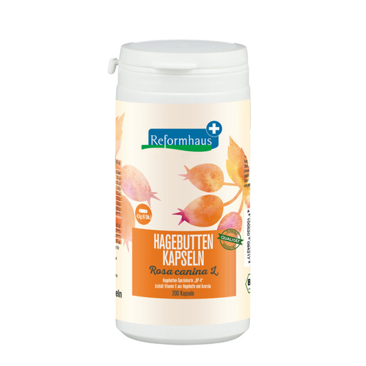 Reformhaus Hagebutten Kapseln – 200 Stück Dose mit Rosa canina L., reich an Vitamin C aus Hagebutte und Acerola