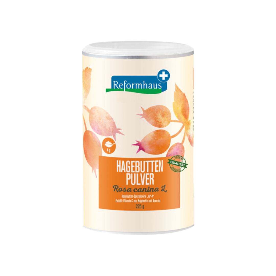Reformhaus Plus Hagebuttenpulver – 225 g Dose mit Rosa canina L., Vitamin C-Quelle aus Hagebutte und Acerola