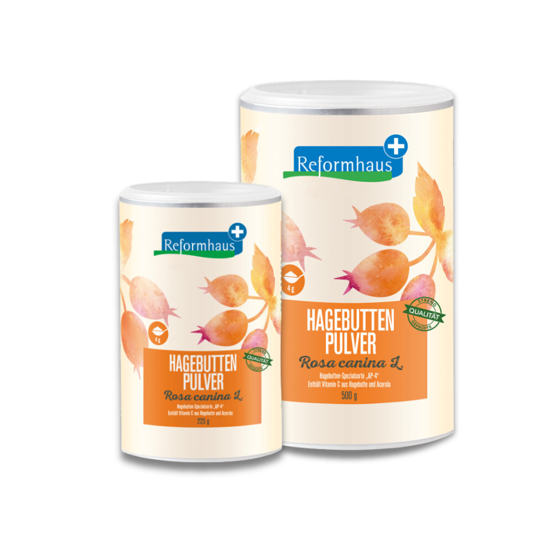 Reformhaus Hagebuttenpulver Rosa canina L. – Doppelpacks mit 225 g und 500 g, reich an Vitamin C aus Hagebutte und Acerola