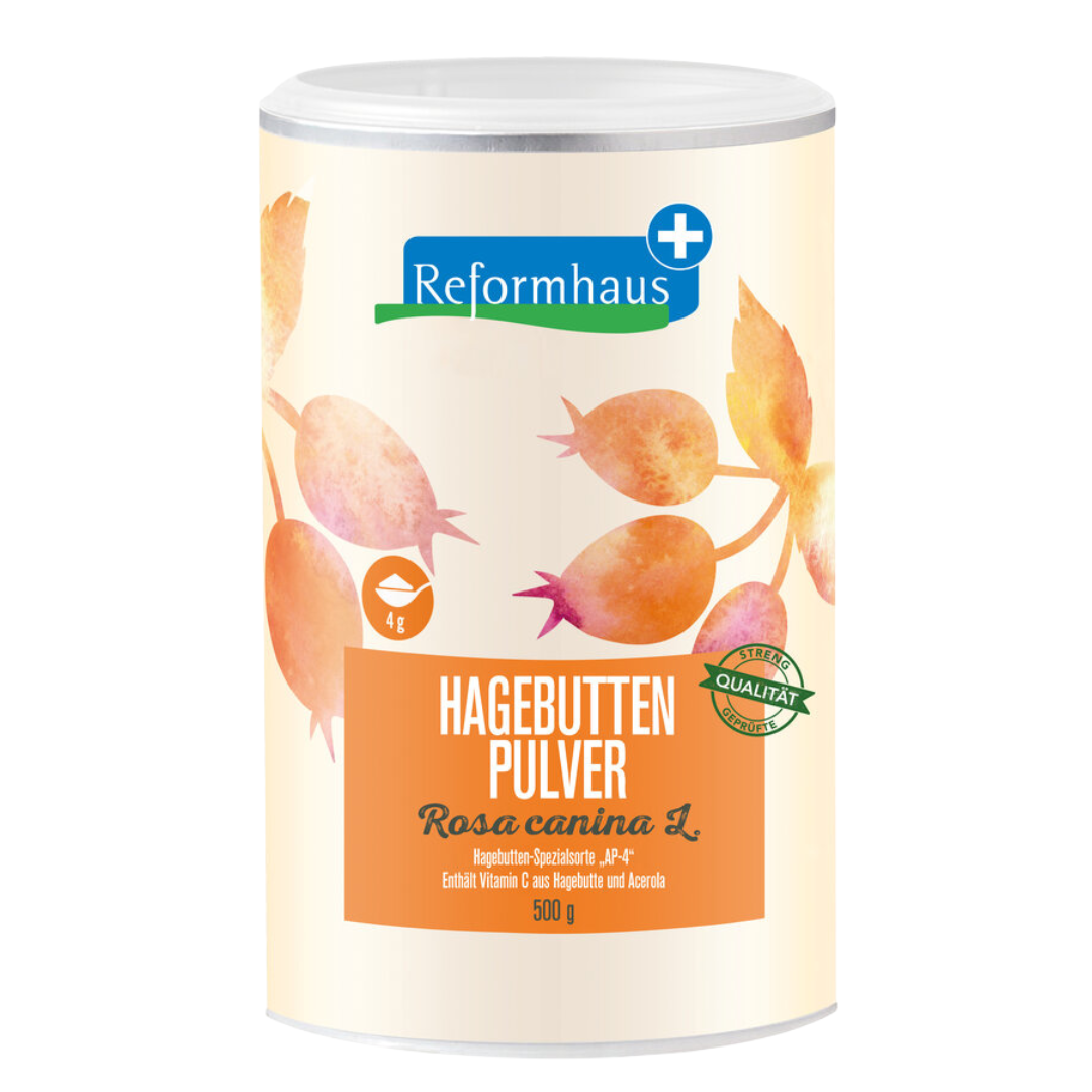 Reformhaus Plus Hagebuttenpulver – 500 g Dose mit Rosa canina L. und Vitamin C aus Hagebutte und Acerola