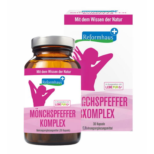 Reformhaus Plus Mönchspfeffer Komplex – Produktfoto mit Verpackung und Glasflasche, 30 Kapseln für hormonelle Balance und Frauengesundheit