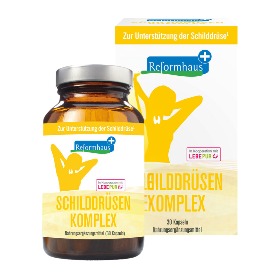 Reformhaus Schilddrüsen Komplex – Produktfoto mit Faltschachtel und Glasflasche, 30 vegane Kapseln mit Nährstoffen für die Schilddrüsenfunktion