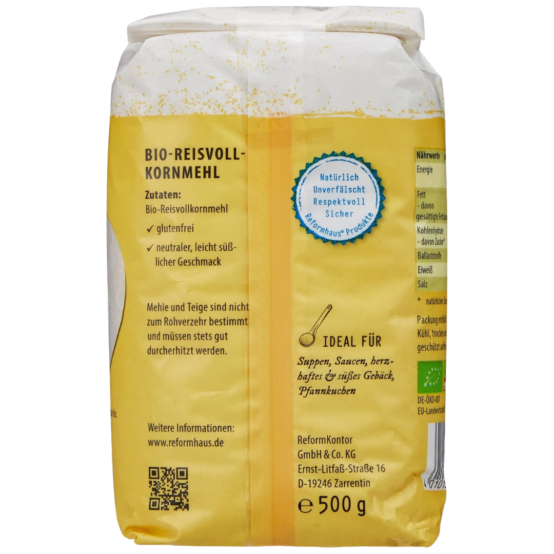 Reformhaus Bio-Reismehl 500 g Rückseite – Zutaten, Anwendungsempfehlung und Eigenschaften des glutenfreien Vollkornmehls auf der Verpackung