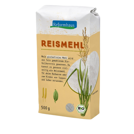 Reformhaus Bio-Reismehl 500 g – glutenfreies Mehl aus Vollkornreis in gelber Verpackung, ideal zum Backen und Binden von Suppen und Soßen