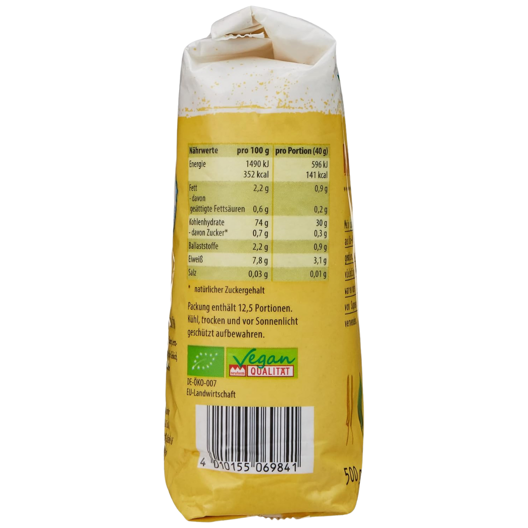 Reformhaus Bio-Reismehl 500 g – Nährwertangaben pro 100 g und Portion, Bio- und Vegan-Label deutlich sichtbar